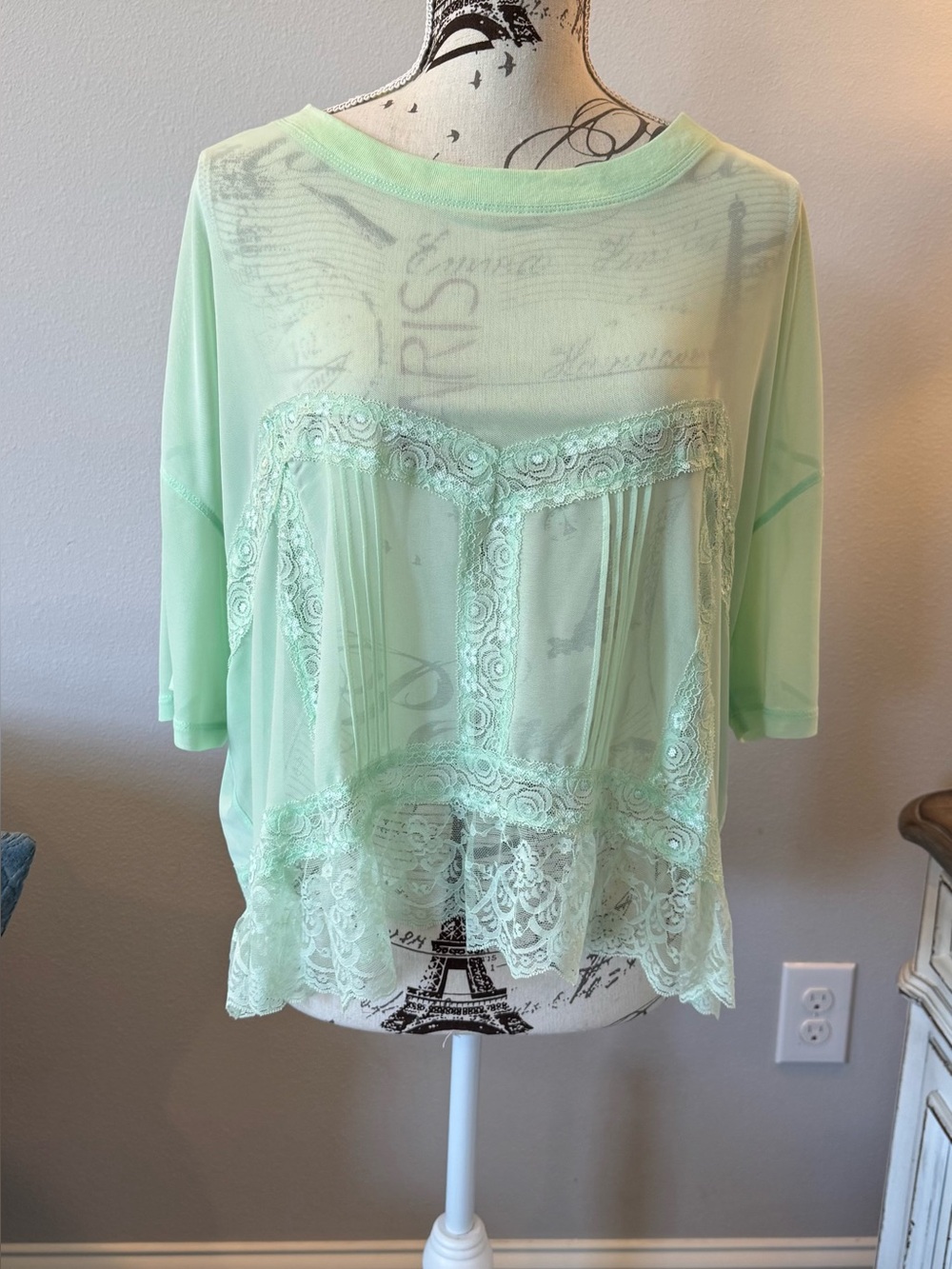 New Without Tags Anthropology Sheer Lace-Trim Mint Green Women’s Top - Picture 2 of 9